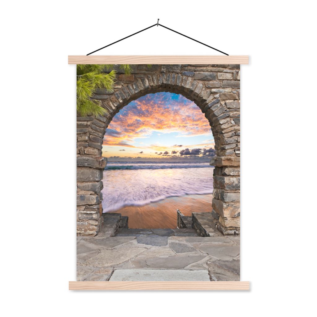MuchoWow Textilposter Abend - Meer - Strand - Aussicht 40x53 cm mit holzfarbenen Rahmen - Schlafzimmer
