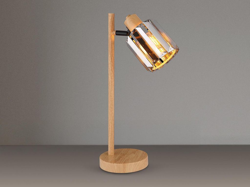 Große LED Tischlampe Holzoptik mit Rauchglas Kristall, Nachttischlampe Höhe 40cm