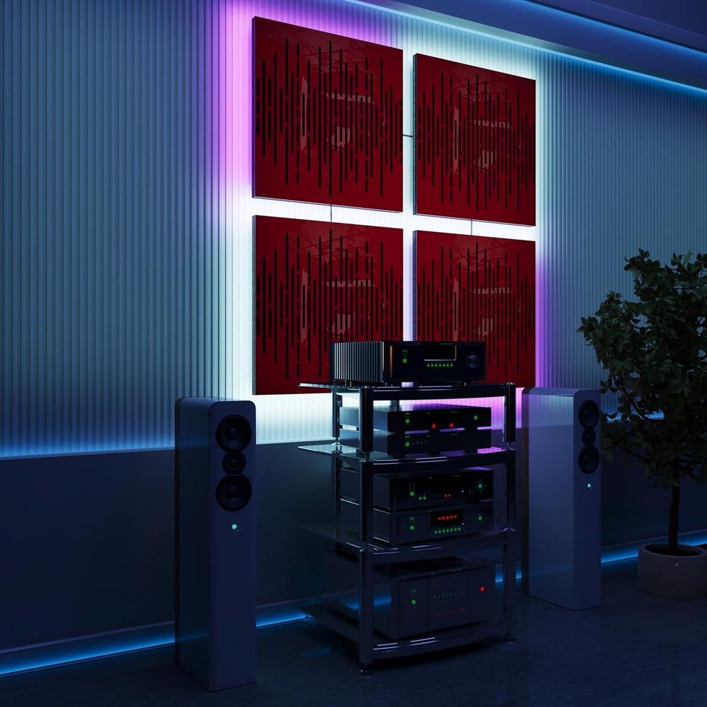 4er-Pack-LED Akustikwandpaneele mit RGB Glow für Echo Control|Schallabsorbierende Paneele mit Backlight|4x WAVE -Separat-SQUARE|Roter Kunststoff