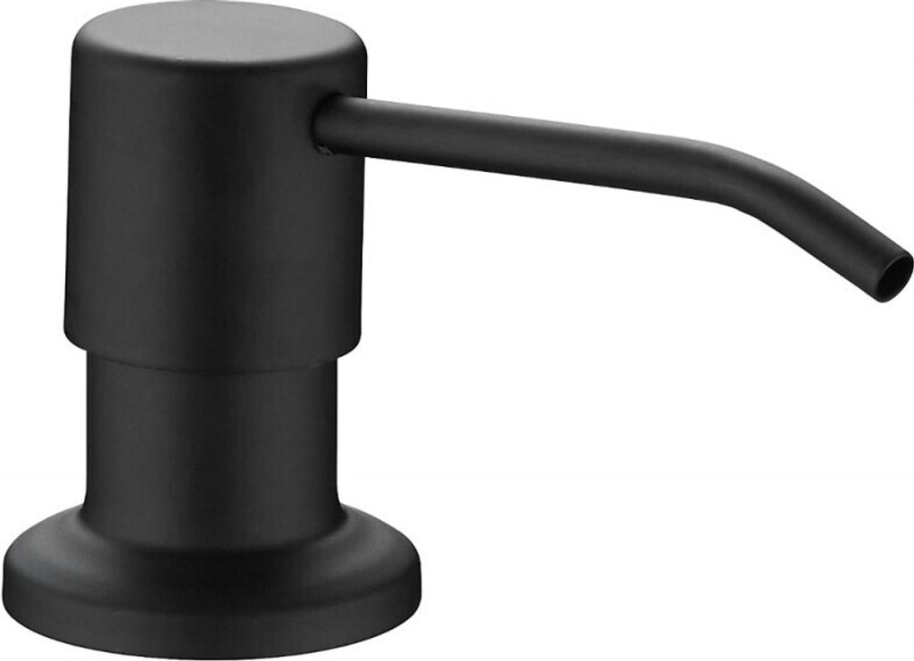 A black soap dispenser with a curved spout, isolated on a white background.
