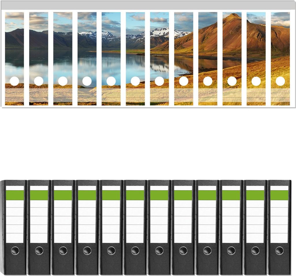 Wallario 12 Stück breite Ordner inkl. Klebeetiketten mit Motive Bergpanorama mit Spiegelung im See - Set mit Rückenschildern / Ordnerrücken Sti...