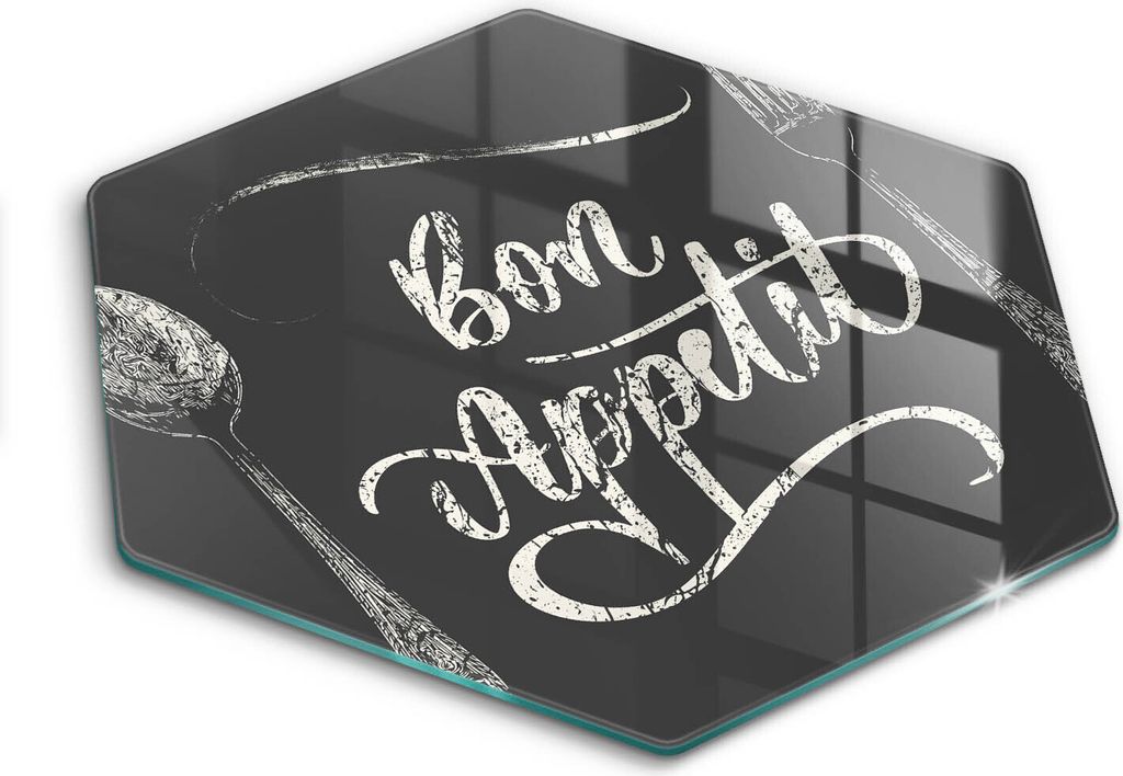 Glasschneideplatte - Herdabdeckplatte - Hexagon 40 cm -Schneidebrett - Spritzschutz - Der Inschrift Bon Appetit