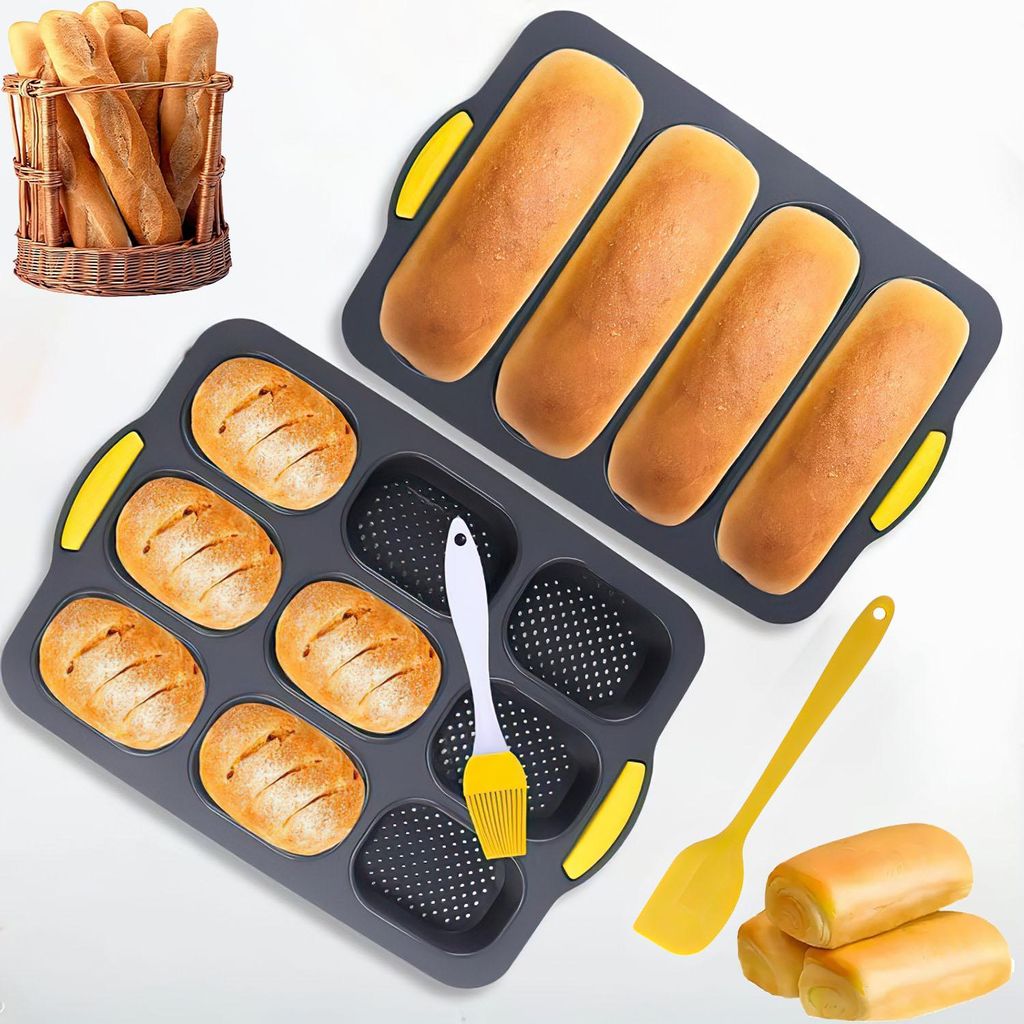 Silikon Baguette Backform Set, 2 Stück Mini-Baguetteformen mit 4 Wellenrillen & 9 Brotbackformen, inkl. Ölpinsel und Schaber,Antihaft & Spülmasc...