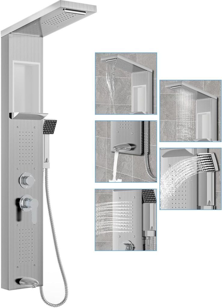 A shower panel system with multiple functions shown in a main image and inset detail shots.