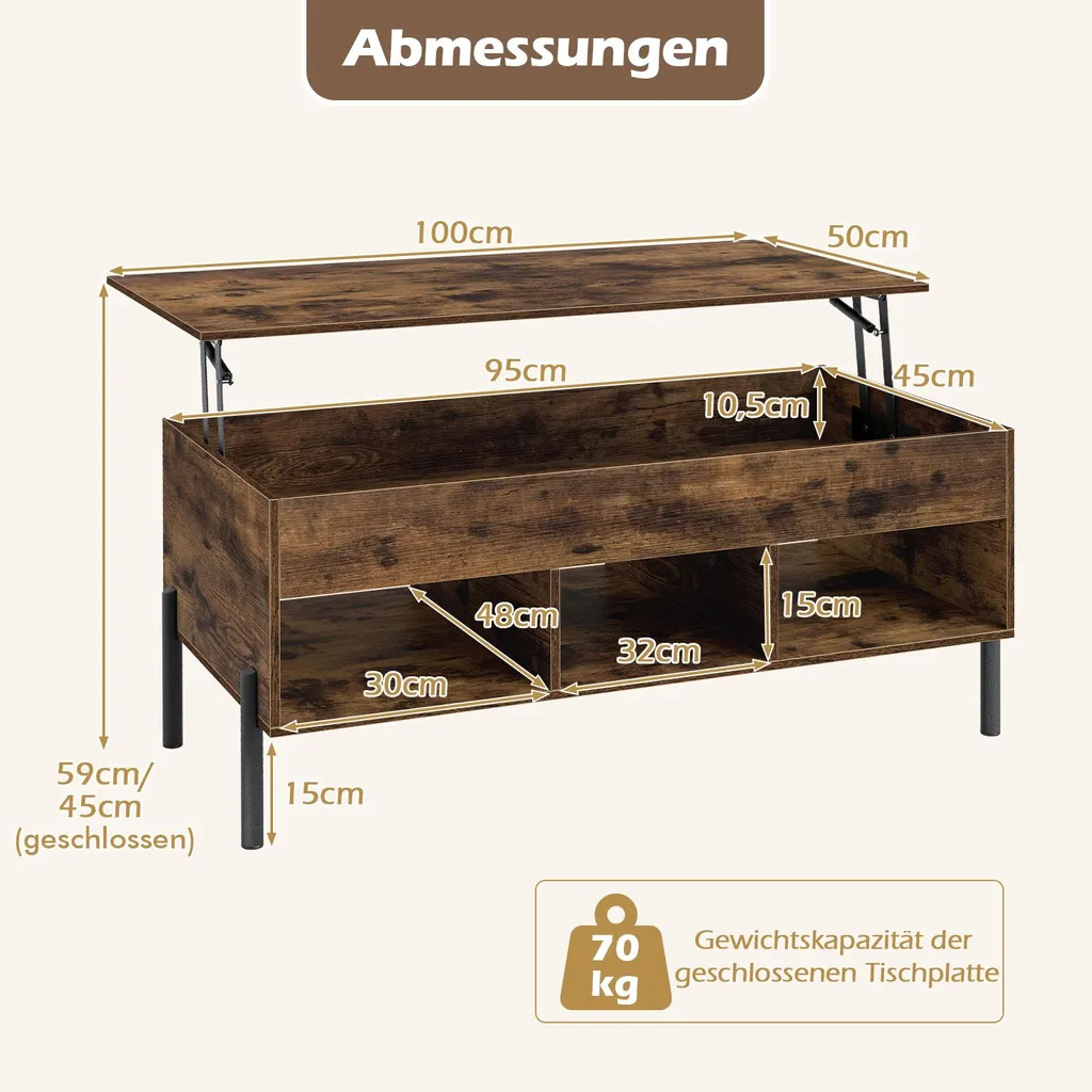 Table de salon relevable avec compartiment caché et rangement marron