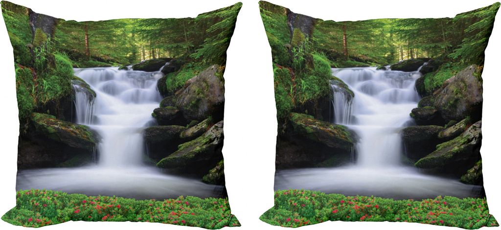 ABAKUHAUS Wasserfall Kissenbezug Set (2Stück), Bäume Blumen Wasserfall, doppelseitiges Digitaldruckdekor mit Reißverschluss, 50 cm, Grün Weiß