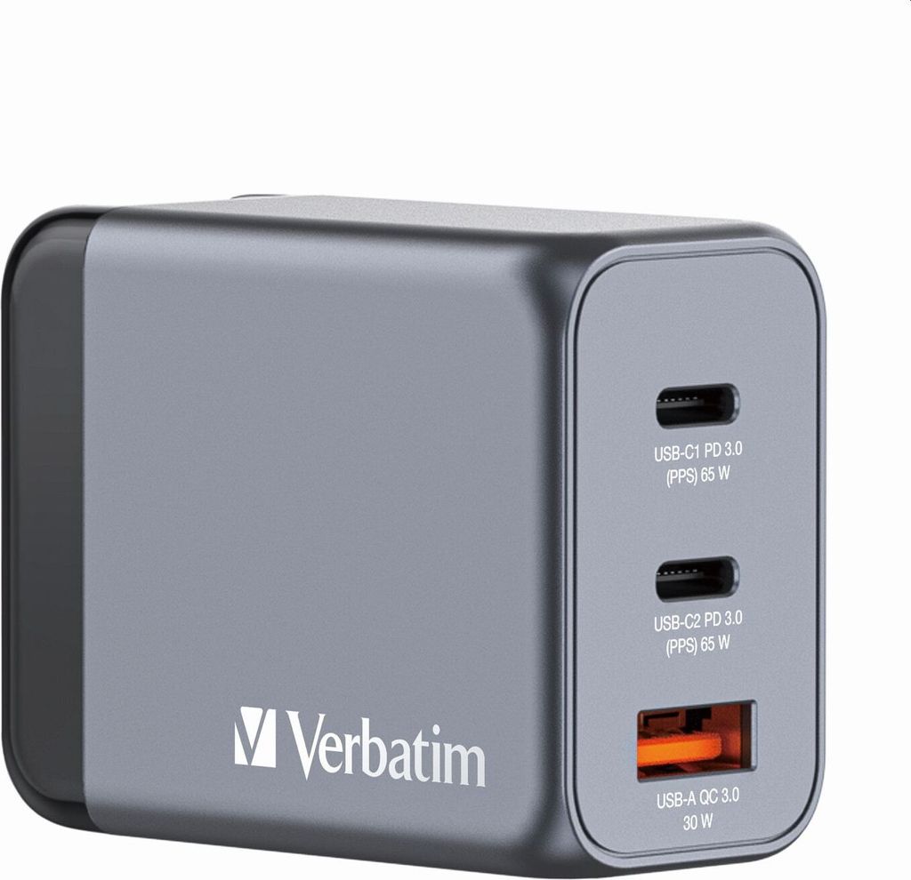 VERBATIM 32201 GaN-lader, 65W, 1x USB-A, 2x USB-C, grijs Productafbeelding 