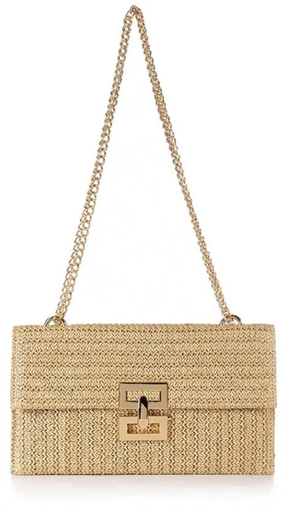 Pochette carrée tissée kaki pour femme avec chaîne dorée chic - 20cm