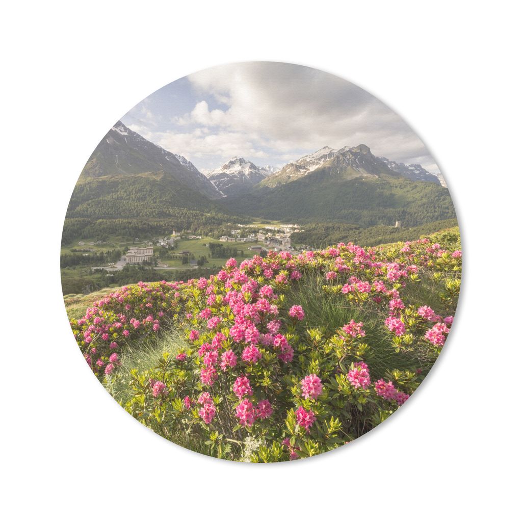 MuchoWow Mauspad Mousepad Blumenwiese - Berge - Rosa 40x40 cm - Mousepads - Maus Mat - Pad - Mausunterlage - Schreibtisch Accessoires