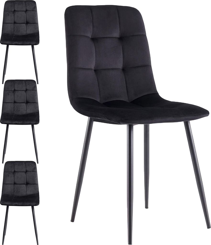 Four black dining chairs are shown against a white background. One chair is in the foreground, angled slightly, while the other three are arranged behind it and to the left, appearing smaller.