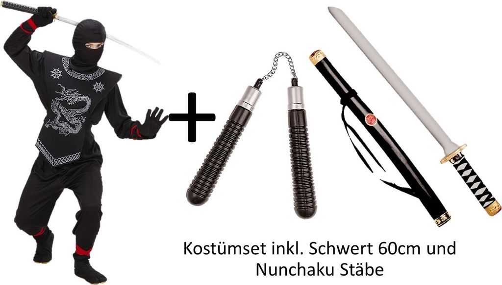 Kostüm schwarzer Ninja komplett Kinder Ninja - Kinderkostüm Set mit Waffen Gr. M - 140 cm