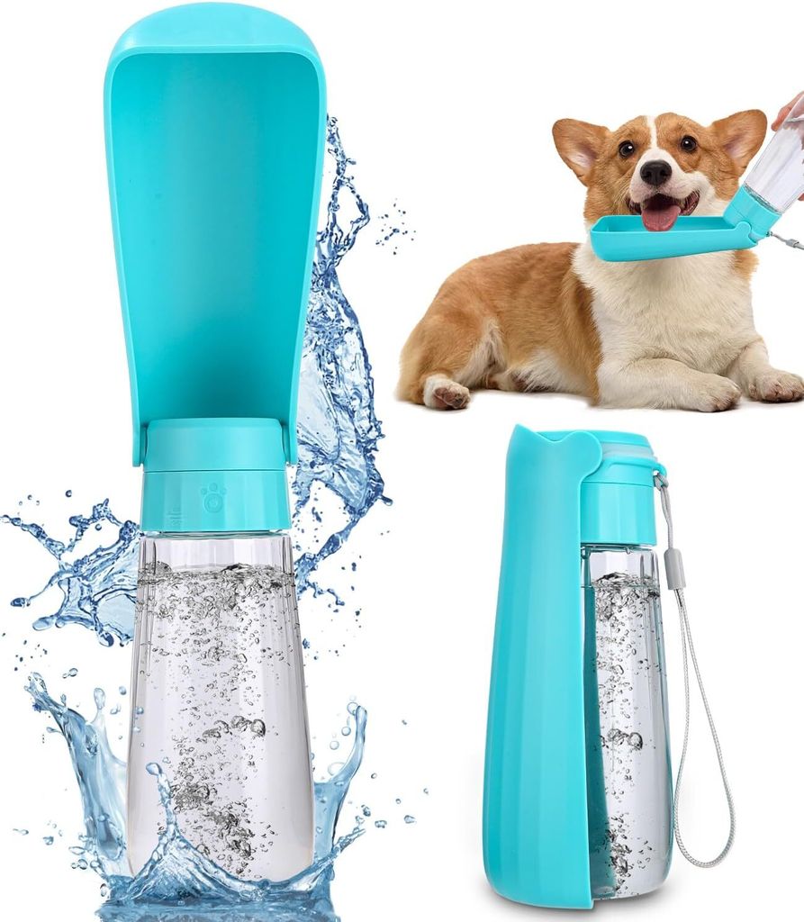 A collage of images showing a turquoise portable dog water bottle, with one image showing a dog drinking from it.