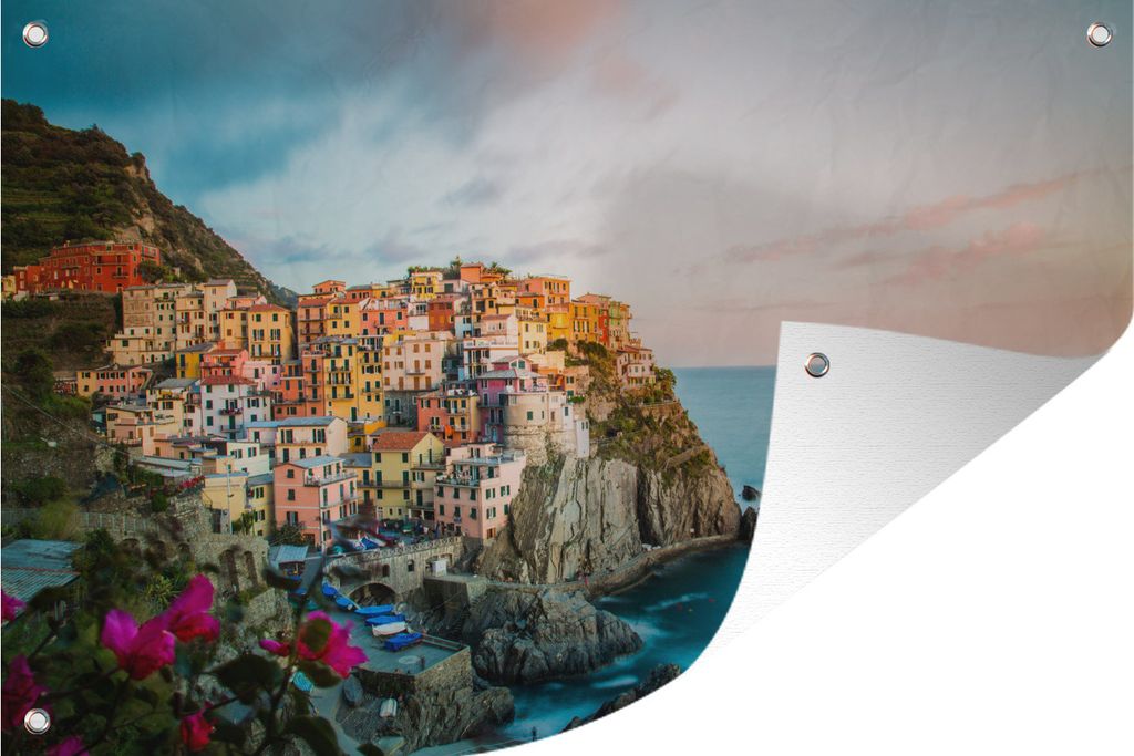 MuchoWow 120x80 cm Outdoor-Poster Gartendeko Sichtschutz Garten Poster für den Garten Die authentischen Häuser auf dem Berg und das blaue Wass...