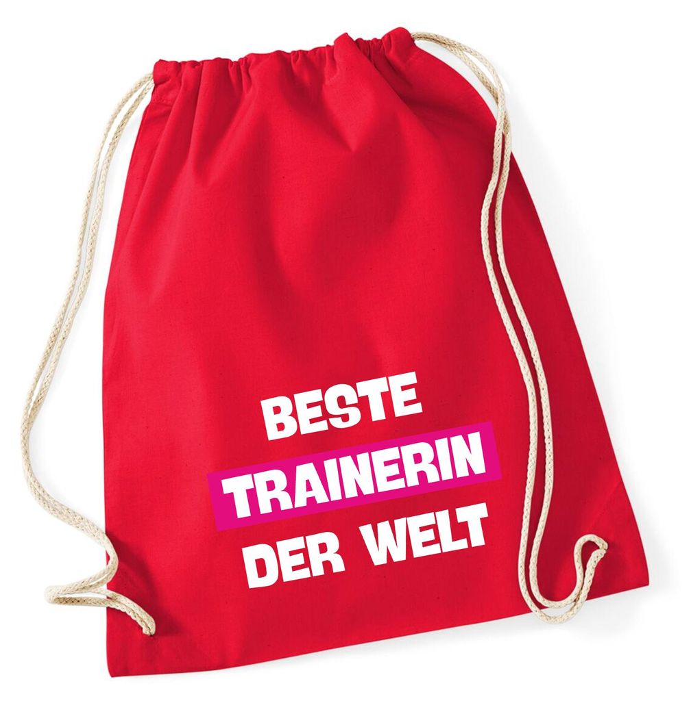 Huuraa Turnbeutel Beste Trainerin der Welt 12 Liter Classic Red Baumwolle Rucksack Geschenkidee