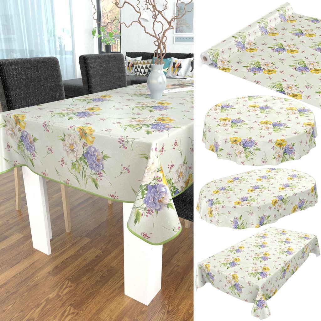 Tischdecke Wachstuch Blumen Grün Robust Wasserabweisend Oval Breite 140 cm Länge 220 cm