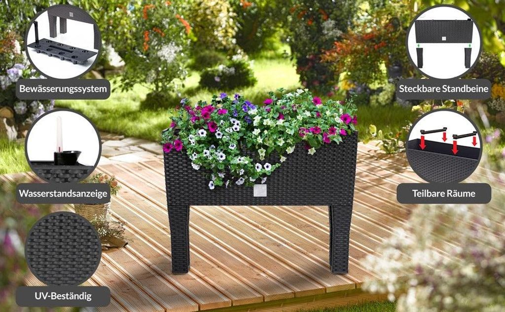 Hochbeetkasten, Anthrazit, 60 x 25 x 46 cm, Rattan-Design