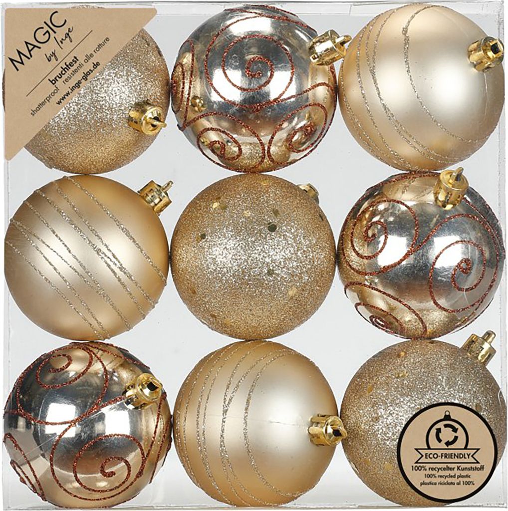Weihnachtskugeln Kunststoff 6cm mit Glitzer 9er Set - Creamy Gold