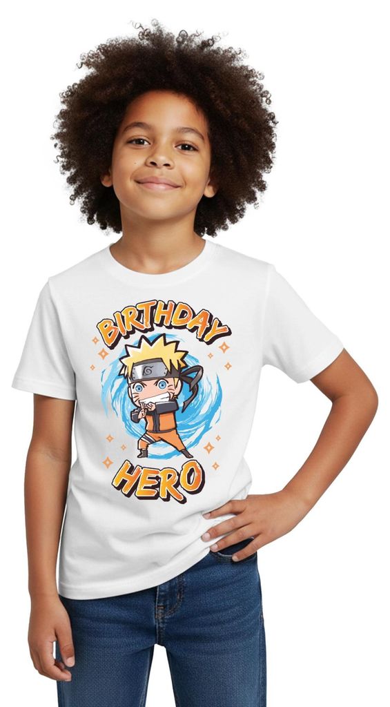 Spreadshirt Naruto Shippuden Birthday Hero Geburtstags-Design Kinder T-Shirt, 110/116 (5-6 Jahre), Weiß