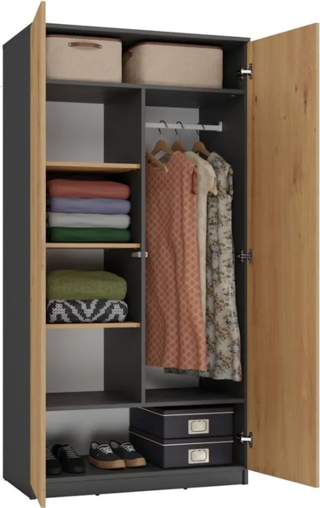 Armoire bicolore anthracite et chêne 6 tablettes modulables