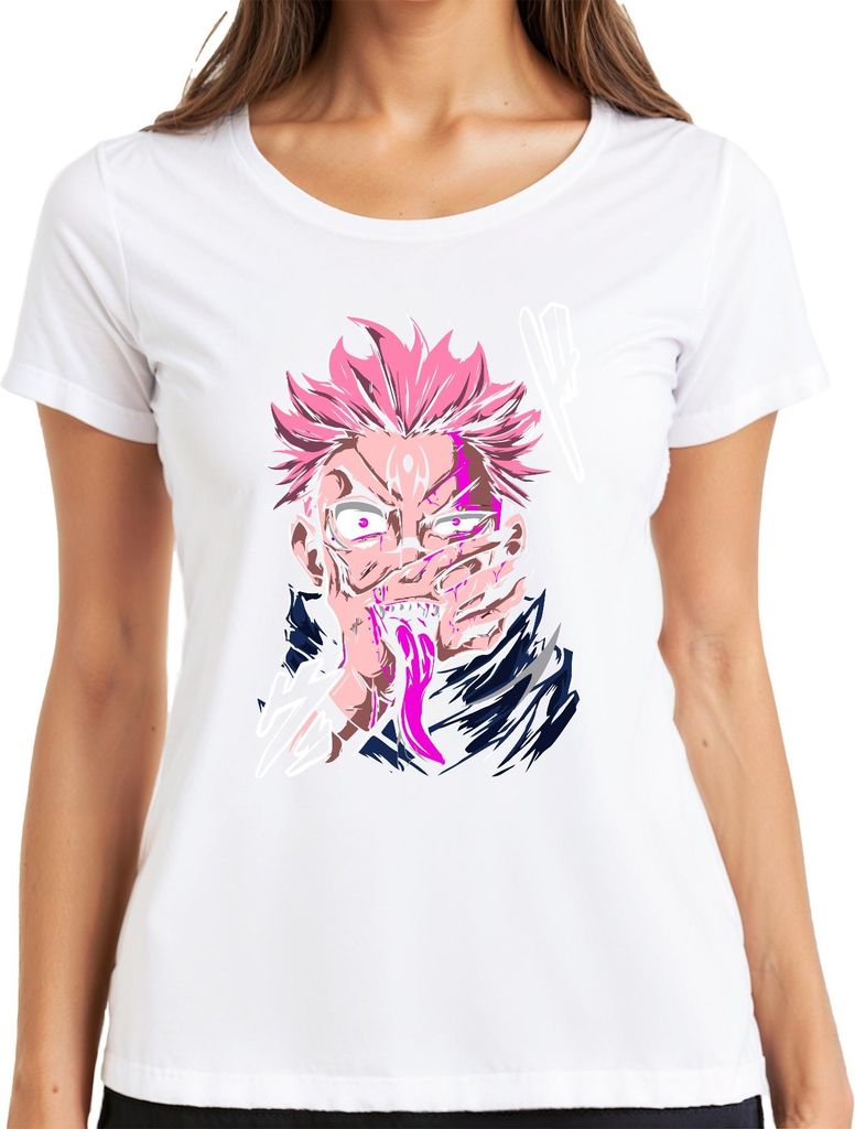 Anime Dämon rosa Haare Anime Ästhetik Zunge Fänge Horror Halloween Damen T-Shirt, Weiß, S