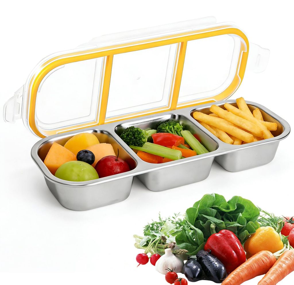 Snackbox aus Edelstahl mit Fächern, Snackbox mit 3 Fächern, Kinder-Lunchbox, Boxen zur Essenszubereitung, wiederverwendbare Snackbox mit Fächern...