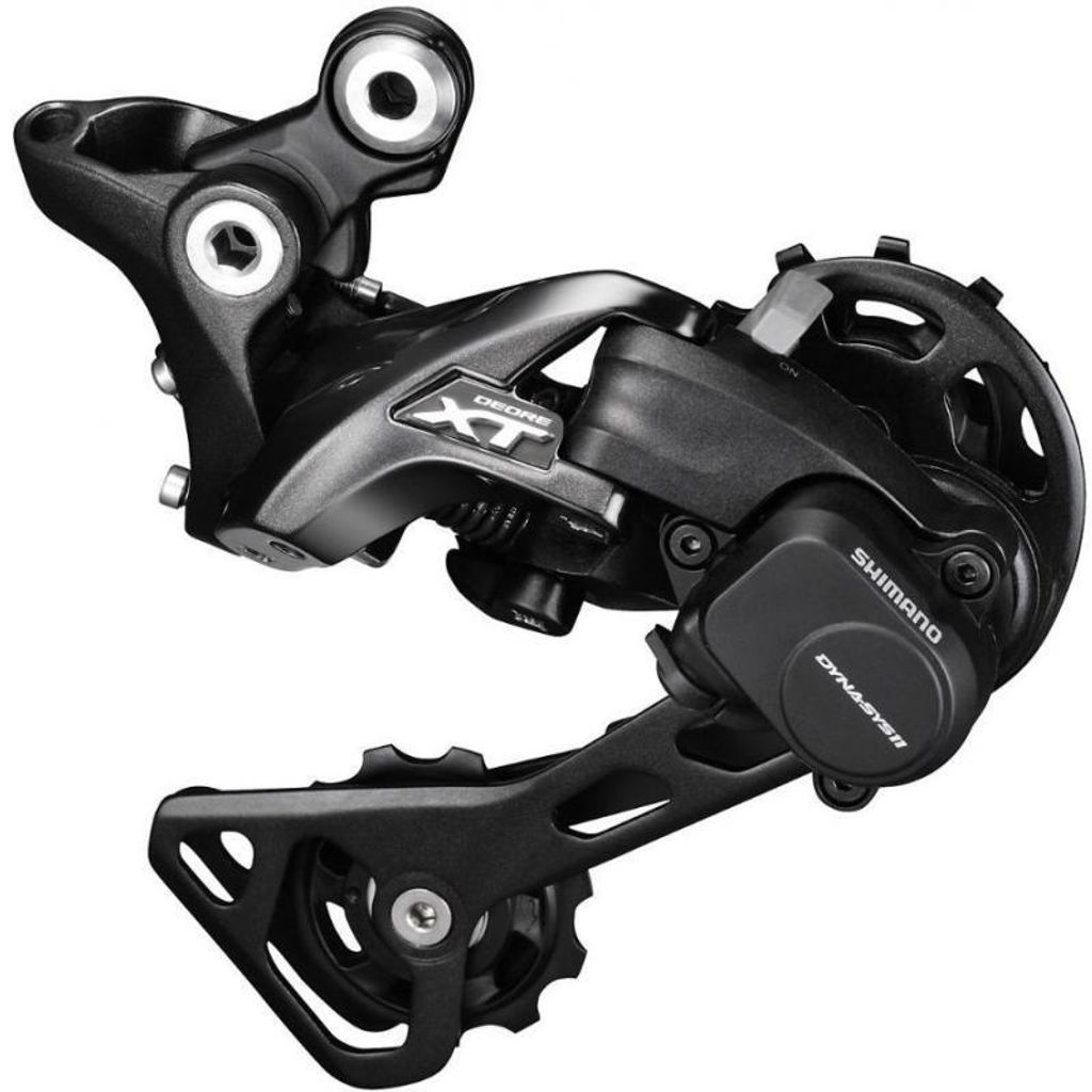 A black bicycle rear derailleur is shown against a white background.