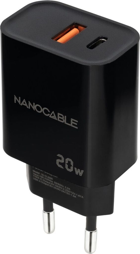 Nanocable Wall Charger 10.10.2008/ 1xUSB/ 1xUSB Type-C/ 20W/ Black