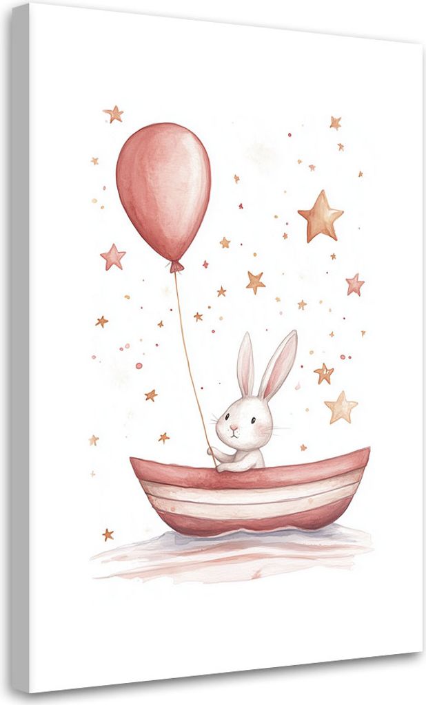 Leinwandbild für Kinderzimmer Kaninchen in einem Boot mit einem Ballon Boho 40x60 Feeby Bunt bild für die wand bereit zum aufhängen