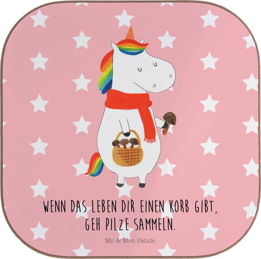 Mr. & Mrs. Panda Untersetzer für Gläser Einhorn Pilz - Rot Pastell - Geschenk, Spruch, Unicorn, Coaster, Holzuntersetzer, Pilze, Glas, gläserunt...