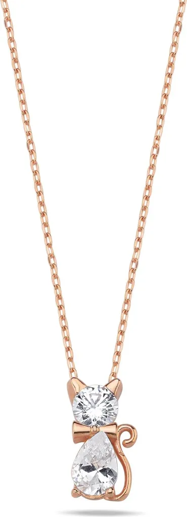 Collier pendentif chat en argent 925 véritable et strass or rose 45cm