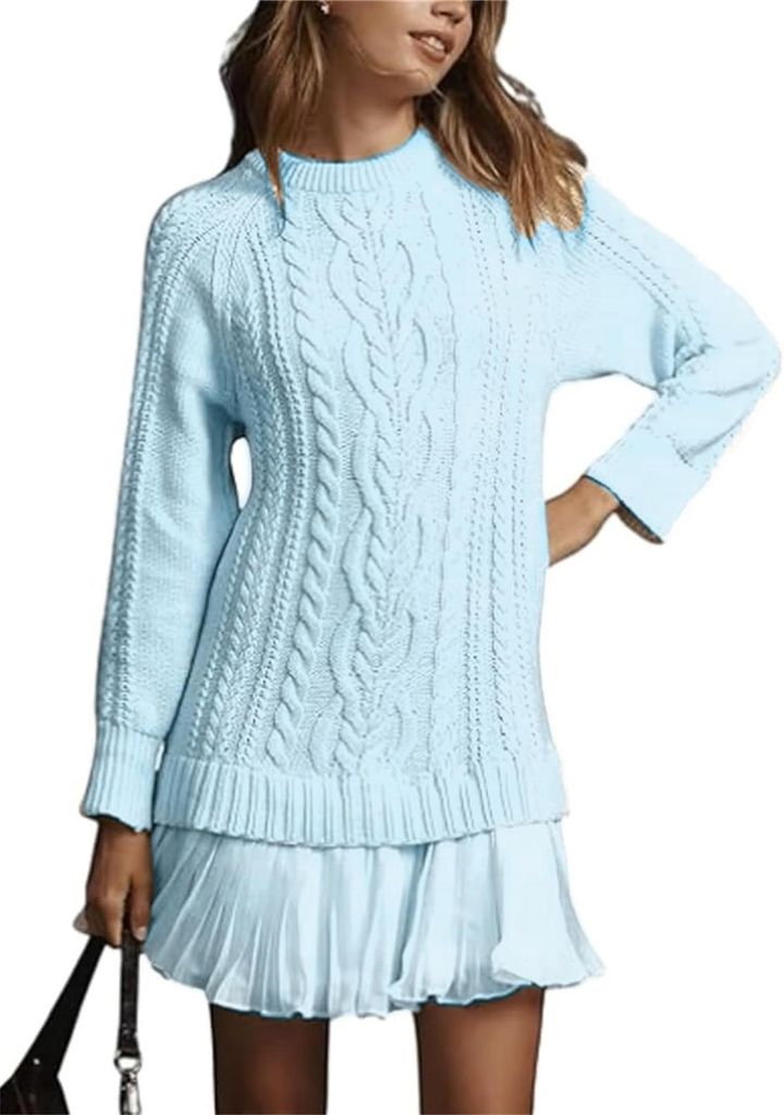 ASKSA Damen Pulloverkleid Cable Knit Rundhals Strickkleid Einfarbig Langarm Minikleid Freizeitkleider Pullover (Himmelblau,S)