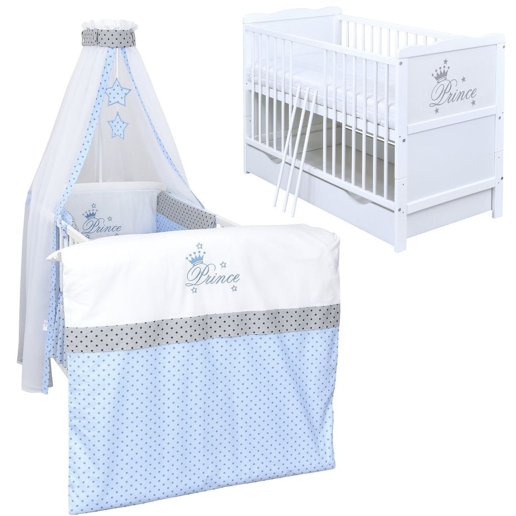 Baby-Delux Babybett Kinderbett Gitterbett Prince 60x120 Weiß mit Schublade 10-tlg Prince Stars Bettwäsche Set Matratze, Beißschienen zum Schutz