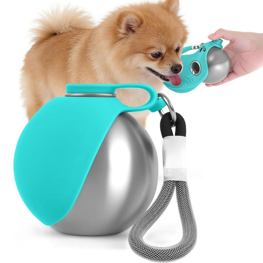 Tragbare Hundetrinkflasche 285ml Edelstahl 304 mit faltbarem Silikon Napf, auslaufsicher, Reise Trinkflasche für Hunde Katzen blau