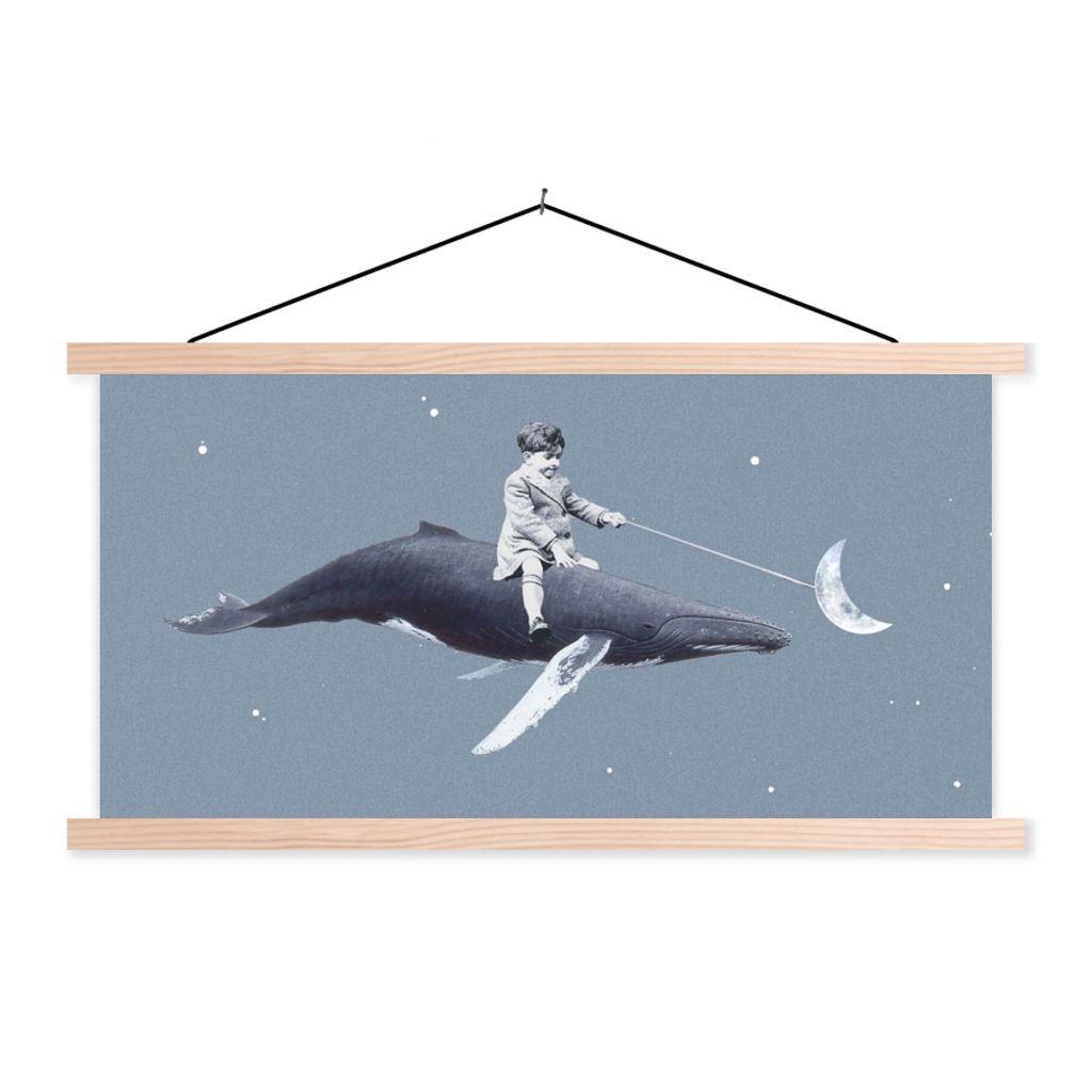 MuchoWow Textilposter Weltraum - Junge - Mond - Wal 120x60 cm mit holzfarbenen Rahmen - Klemmleiste