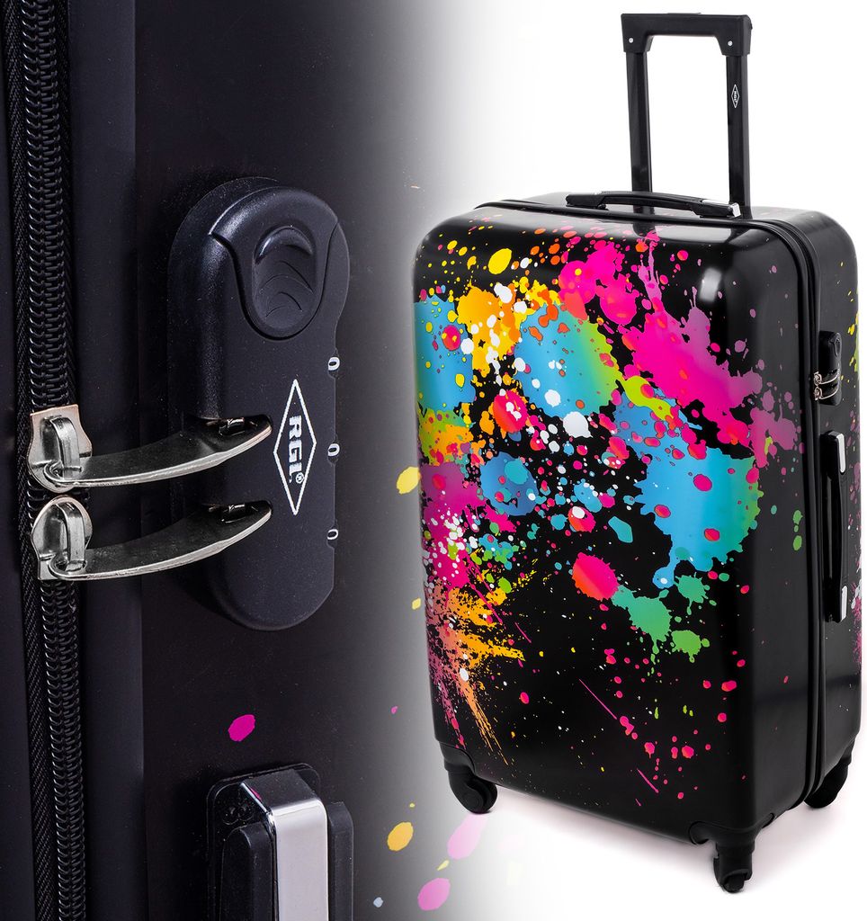 A collage showing a close-up of a suitcase lock and a colorful suitcase.