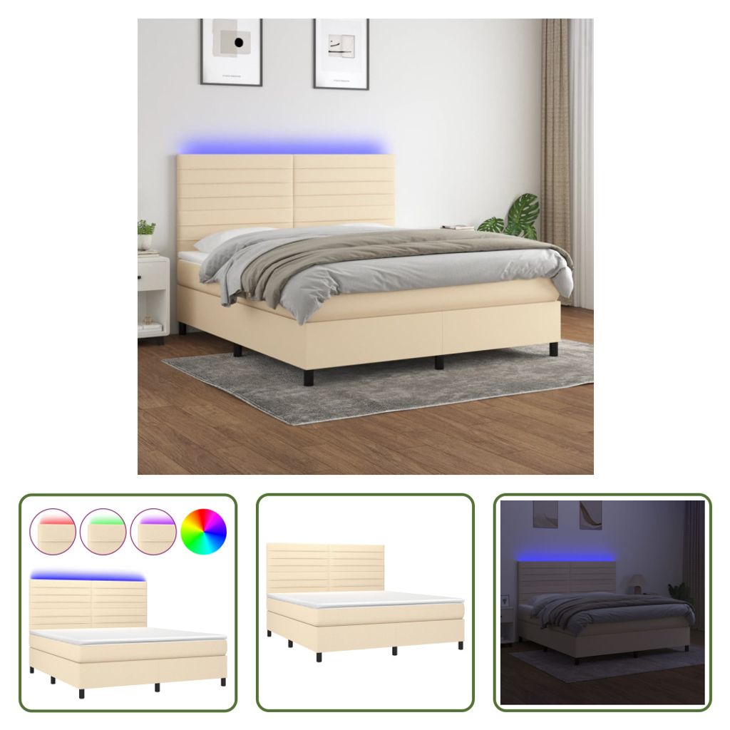 The Living Store Boxspringbett mit Matratze & LED Creme 180x200 cm Stoff