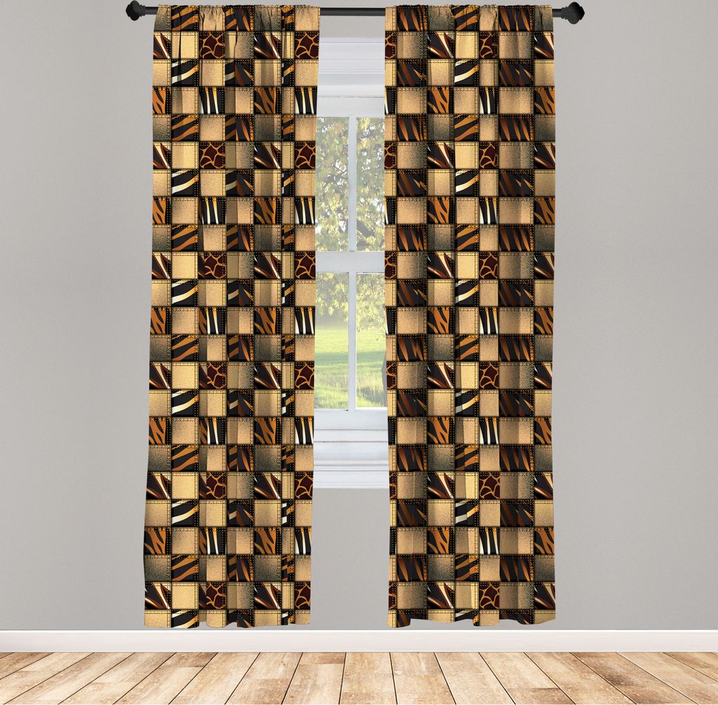 ABAKUHAUS Safari Vorhänge, Gardinen, Jeans Denim Patchwork in Safari Stil Wildnis stilisierte Design Kunstdruck, 2 Stück 75 x 175 cm, , Braun und...