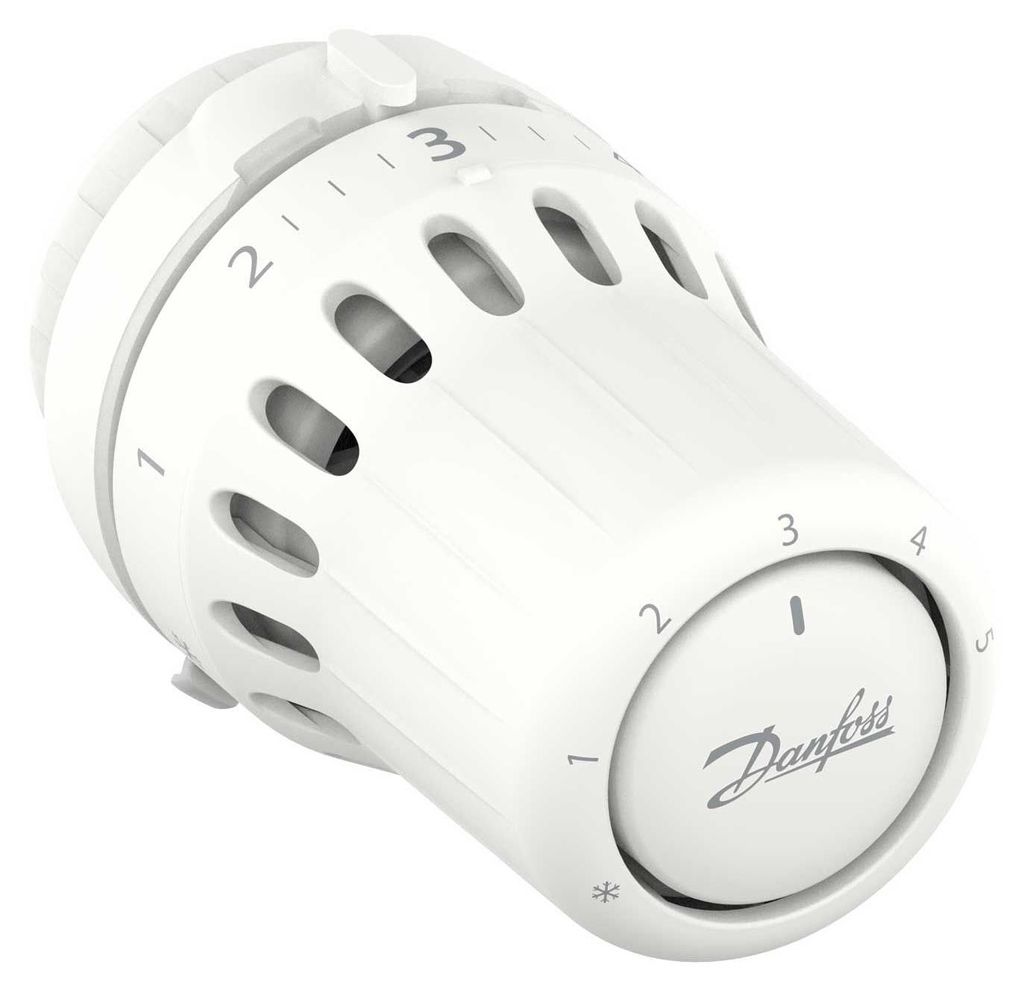 A white thermostat head with temperature markings and a Danfoss logo.