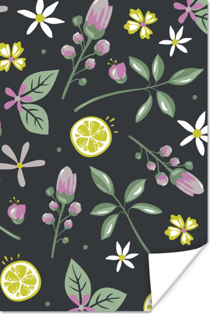 MuchoWow Poster Sommer - Blumen - Obst - Schwarz 20x30 cm - Papierdruck