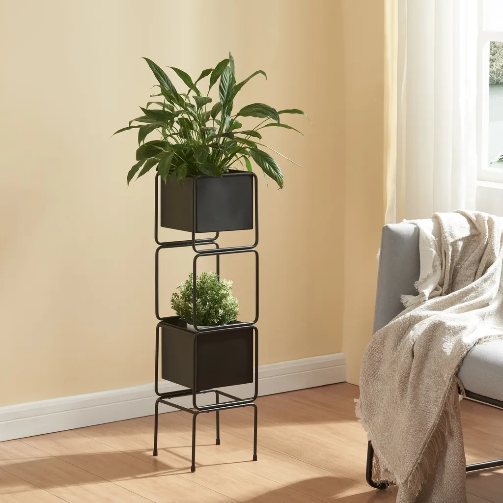 Support à plantes Sveio 2 bacs en métal noir 76 x 20 x 20 cm moderne
