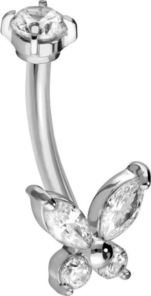 Bauchnabel-Piercing, Rook Piercing Titan Banane mit Push Fit KRISTALLSCHMETTERLING Silber Stablänge: 8mm