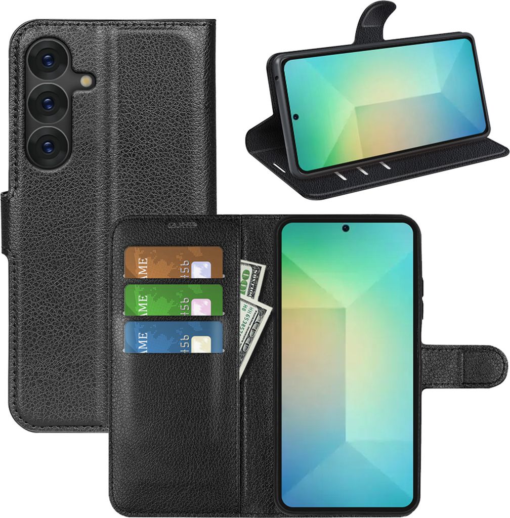 A black leather flip case for a smartphone is shown open, displaying the phone, credit cards, and cash.