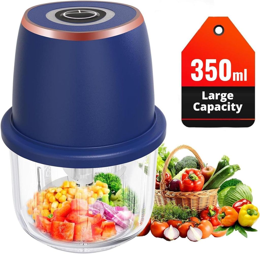 Mini Zerkleinerer elektrisch 350ml mit Glasbehälter, kabellos USB Ladefunktion, kompakter Küchenhelfer für Knoblauch, Gemüse & Meal Prep