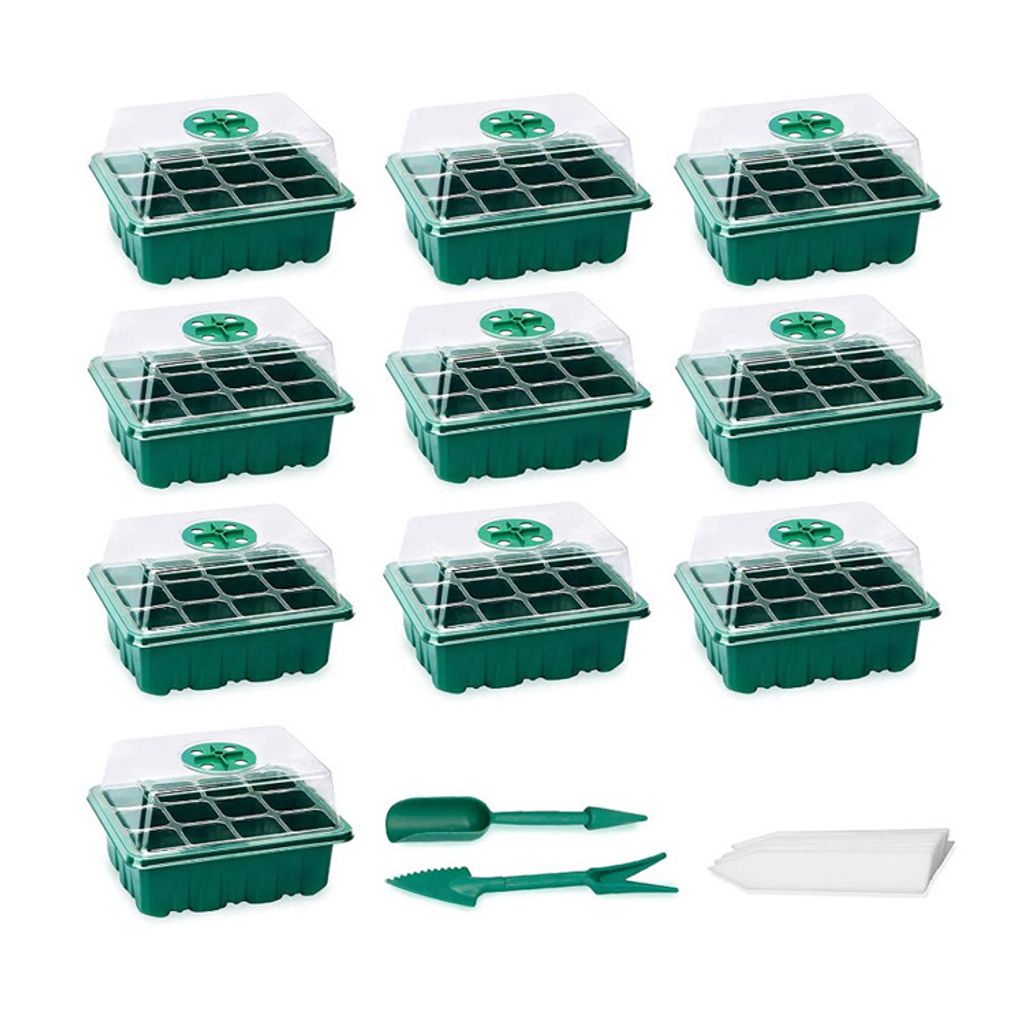 Mini-Gewächshaus für Pflanzen, 10 Stück 12 Zellen Indoor-Setzling-Tray Setzling-Tray Nursery Grow Box mit Deckel -Grün