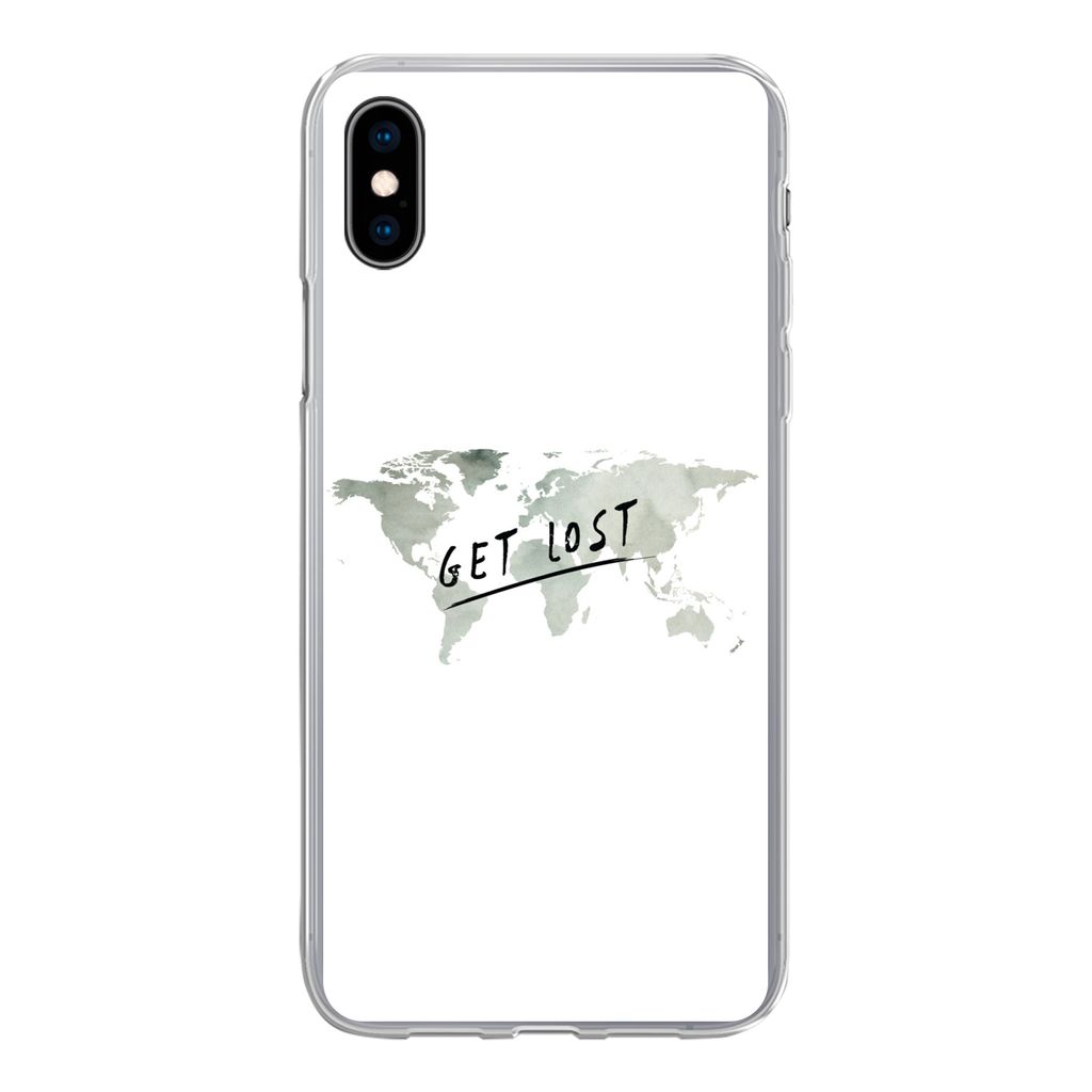 MuchoWow Handyhülle Schutzhülle Hülle für iPhone Xs Weltkarte - Grau - Zitat Silikon Softcase Handy Hülle - Handytasche