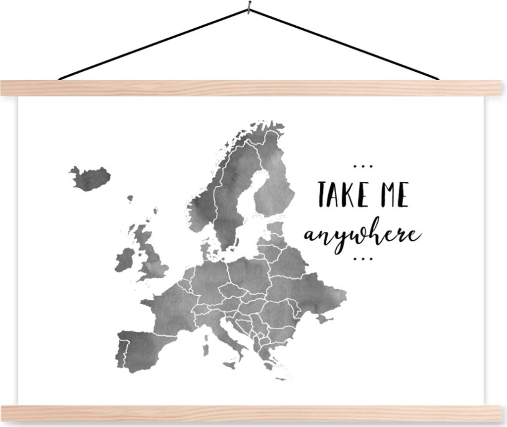 MuchoWow Textilposter Eurocard in grauer Aquarellfarbe mit dem Text 'Take me anywhere' - schwarz-weiß 60x40 cm mit holzfarbenen Rahmen - Bilder