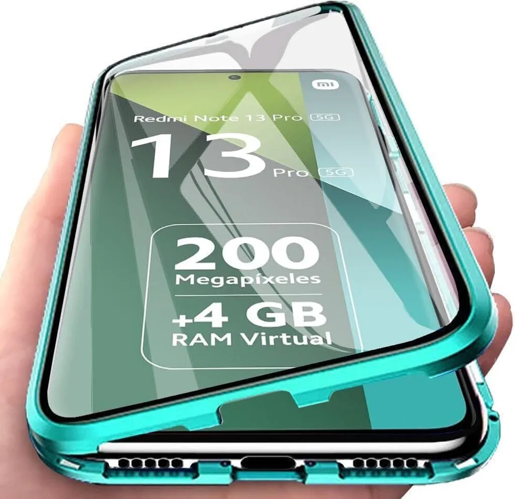 custodia protettiva a 360° per Xiaomi Redmi Note 13 Pro 5G Copertura in vetro temperato a corpo pieno con assorbimento magnetico, telaio in metallo verde