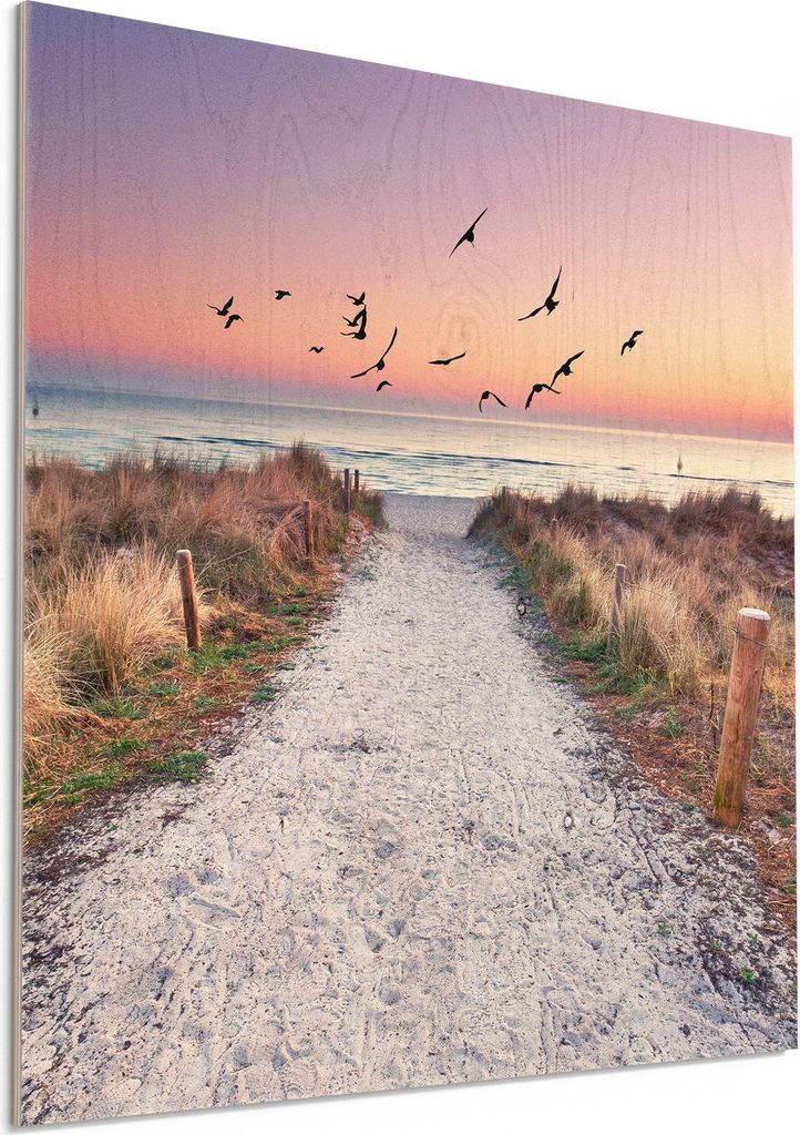 DEQORI Holzbild 50x50 cm 'Strandaufgang zur Ostsee' Bild auf Holz Wandbild Kunstdruck