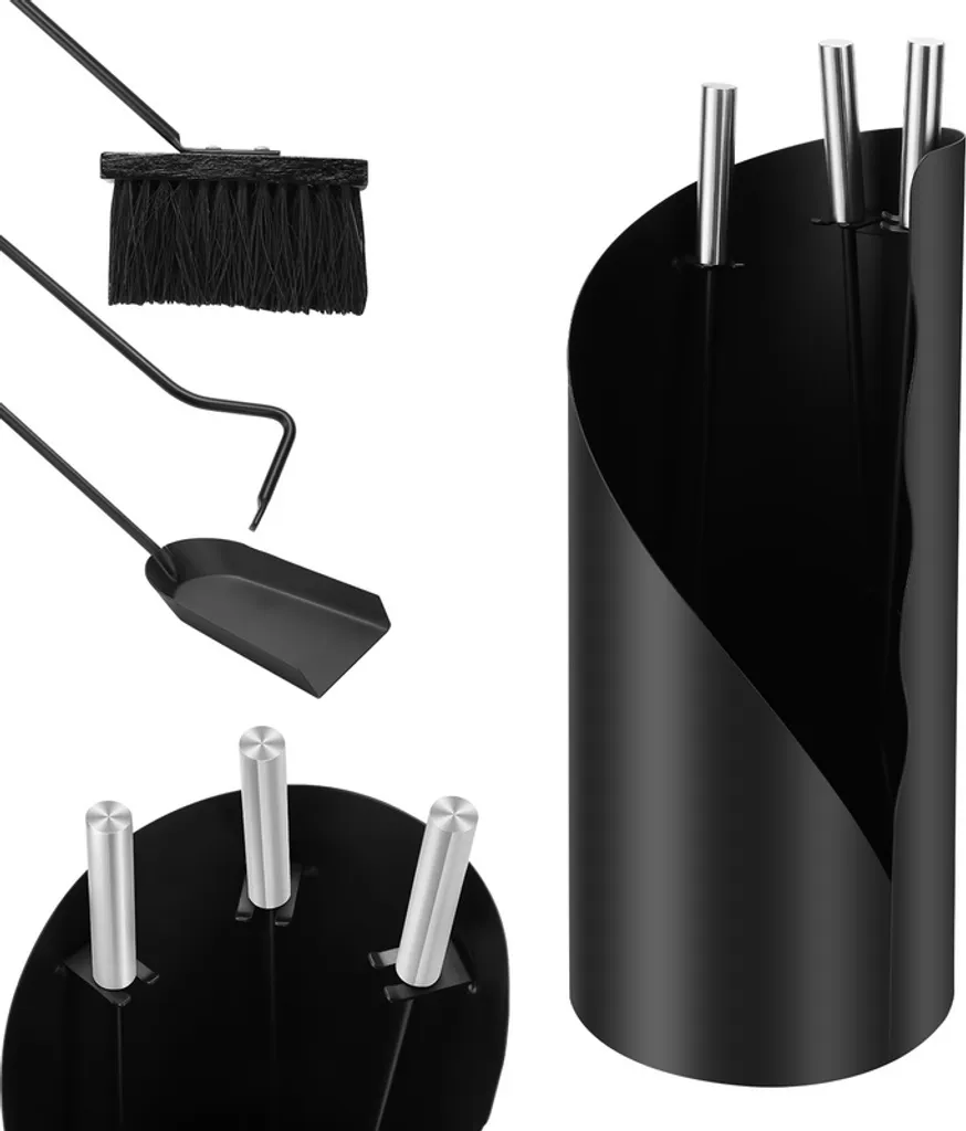 Accessori Camino Design Moderno: Set 4 Pezzi Nero e Acciaio Inox