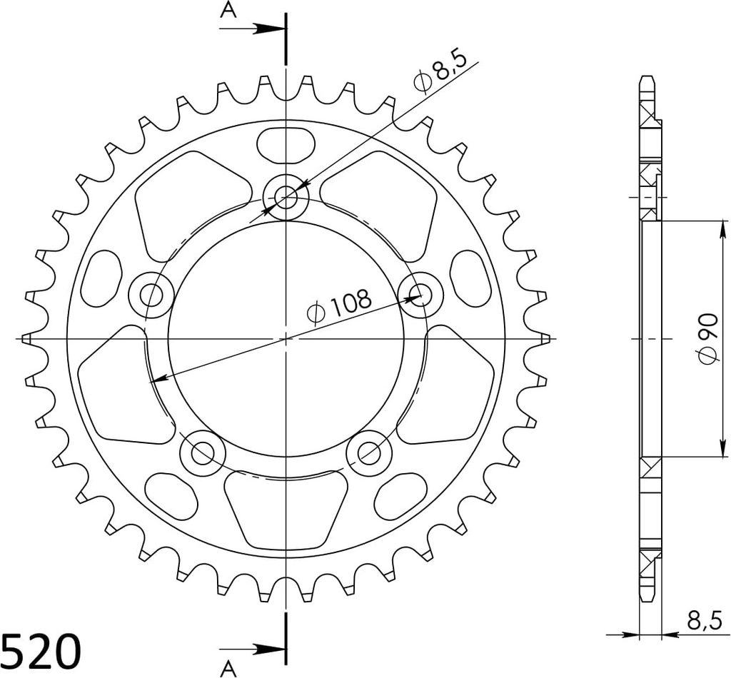 Alu-Kettenrad Supersprox 520 - 38Z (schwarz) RAL-491:38-BLK|ID 90,0 LK 108,0 5-Loch